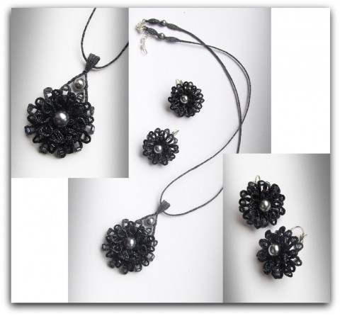 Květinová souprava-SLEVA náušnice květina černá šedá souprava krajka perla paličkovaná přívěs romantická antracit 