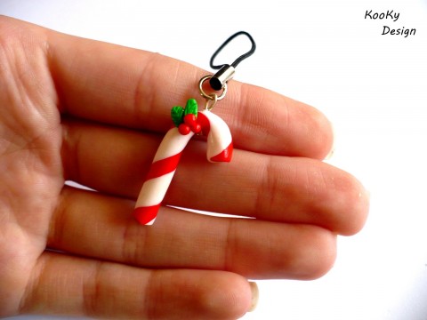 Přívěsek na mobil - candy cane přívěsek vánoce vánoční bižuterie fimo candy polymer na mobil hůlka cane 