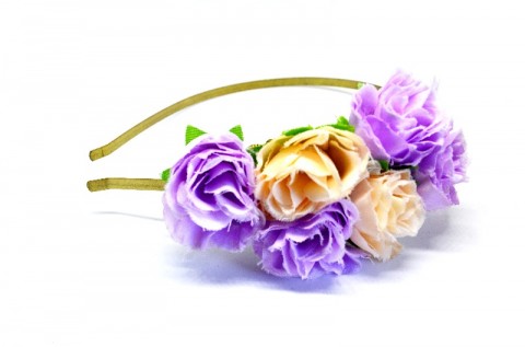Čelenka růže fialové a béžové květina kovová čelenka filigrán mandala do vlasů filigránová 