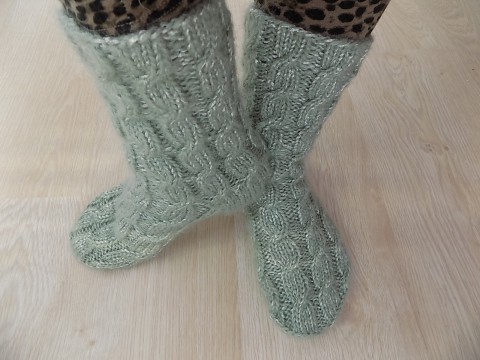 Ponožky zima podzim pletení ponožky copánky zelenošedá 