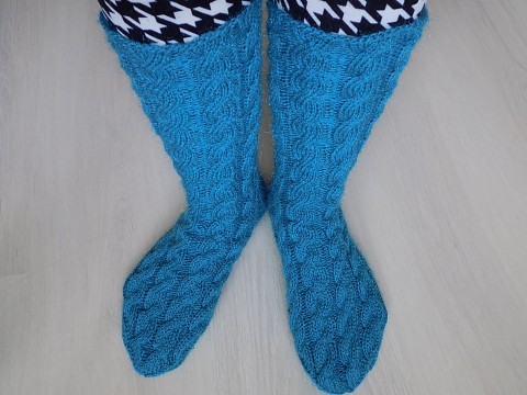 Pletené ponožky zima podzim pletení tyrkysová ponožky mohér copánky 