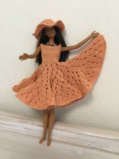 Barbie - šaty panenka bavlna klobouk pletené šaty háčkované klobouček šatičky meruňková barbie 