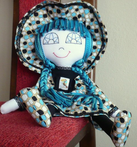 Hadrová panenka Kristýnka panenka klobouk hračka šaty tyrkysová šitá veselá holka panna copy hadrová vycpaná 
