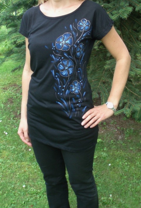 Tričko ručně malované-černé s květy barva modrá malba černá triko stříbrná dlouhé tričko dámské 
