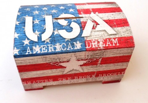 kasička USA dřevo děti krabička decoupage pokladnička kasička grunterka peníze usa 
