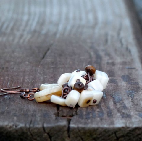 Visací náušnice - perleť a dřevo dřevo náušnice příroda přírodní visací perleť ulity šneci ulita efektní měděné z perleti bohaté z mědi 
