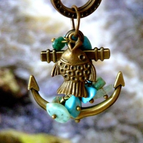 Dlouhý náhrdelník - kotva náhrdelník moře modrá hnědá tyrkysová kotva bronzová originál dlouhý avanturín minerály ryby tyrkenit handmade exkluzivní kožená šňůrka námořníci atraktivní rybolov rybáři 