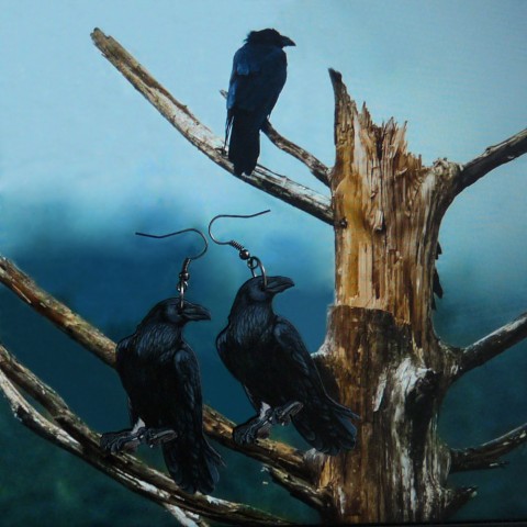 Náušnice - havrani dřevo dřevěné náušnice pták černé extravagantní čarodějnice dlouhé noc velké ptáci magie havran magické magic halowen hallowen witch havrani 
