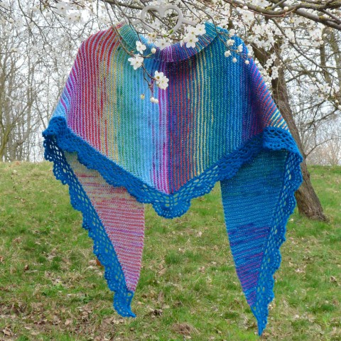 Pletený šátek - duhové nebe originální dárek pletený nebe duhový barevný vlna šátek duha originál vlněný celoroční handmade nebeský stylový exkluzivní 