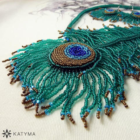 Souprava pro Heru šperk oko originální modrá hnědá souprava dámská šitá petrolejová slavnostní paví páv pero 