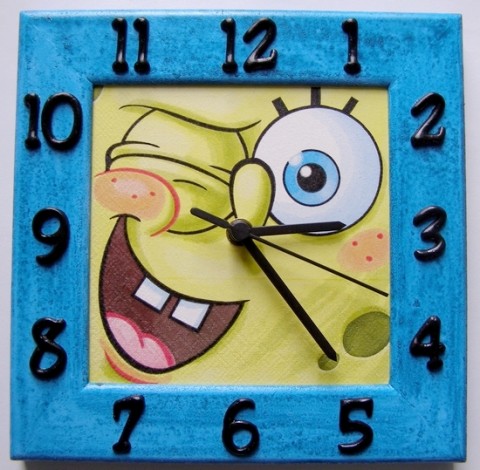 Dětské hodiny - Spongebob modrý modrý dekorace modrá hodiny žlutá decoupage modré ubrousek závěsné žluté rámeček houba nástěnné spongebob sponge 