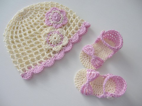 Letní čepička+sandálky děti růžová jarní čepička holčičí letní vzdušná bavlna miminko souprava béžová smetanová lehká síťovaná sandálky 