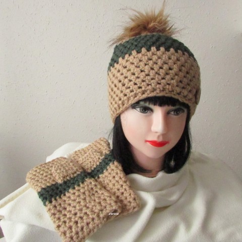 Čepice + bezprsťáky zelená zima čepice souprava dámská béžová zimní rukavice bezprsté rukavice pro ženy návleky na rucenbezprsťáky 