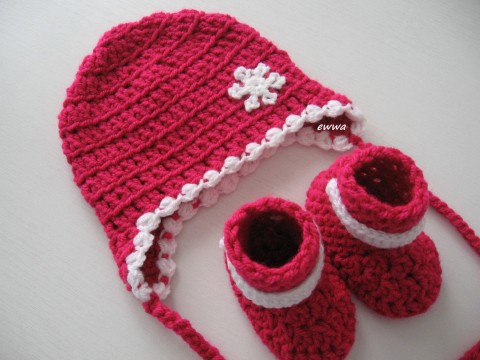 Čepička + botičky děti zima růžová čepice čepička holčička holčičí souprava zimní botičky ušanka set capáčky tmavěrůžová fuchsiovábílá 