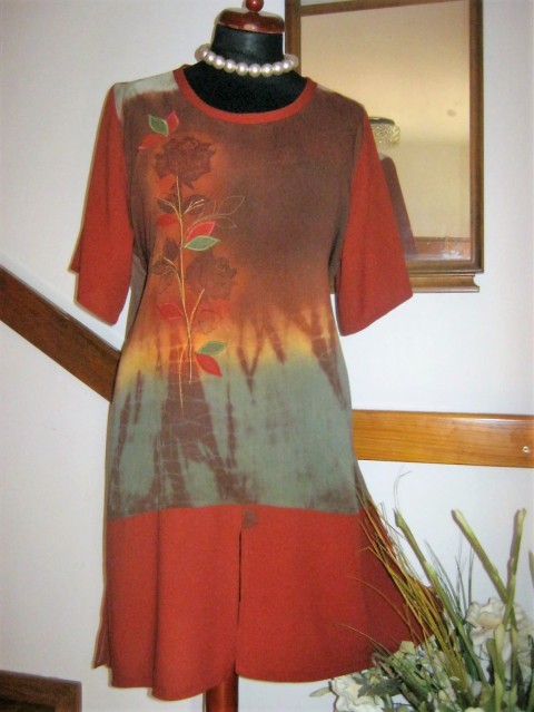 Tuniko-šaty-vůně podzimu tunika halenka malba batika růže šaty originál tunikošaty lístky aplikace 