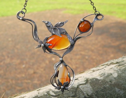 Pomerančová zahrada...(Acháty) náhrdelník šperky achát květina oranžová ptáček černá zahrada patina stříbrná kvítek kvítky pomeranče pomerančová zahrádka 