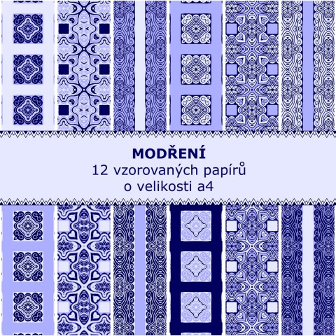 Modření - 12 vzorů A4 papír origami modrá tisk vzory scrapbooking vzorovaný pdf papírové skládání digitální vzor 