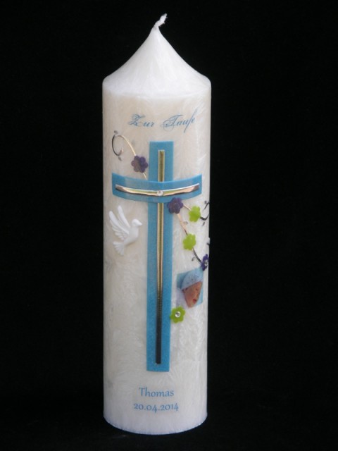 KŘESTNÍ SVÍČKA - FOTKA - MODRÁ dekorovaná svíčka na přání dárek 