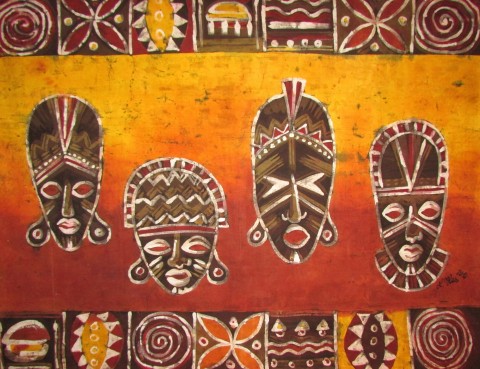 Africké masky III ornament příroda afrika masky divočina škraboška africký šamani domorodci oštěp lovci chýše divoši 