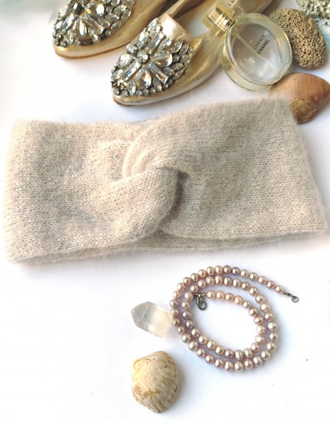 Mohérová čelenka - perlově bílá zima čepice čelenka hedvábí pletená mohér vlněná doplňek pokrývky 