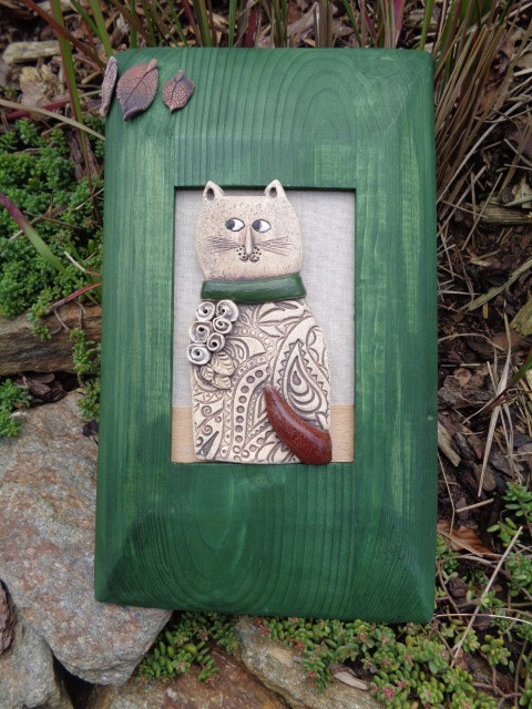velký dřevěný rámeček s kočkou dřevěný keramika kočka kocour kočička obrázek keramická rámeček 
