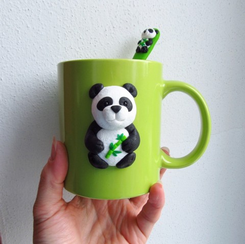 Hrneček s pandou a lžička na přání dárek hrnek hrneček čaj zelený medvídek medvěd dáreček dětské panda hrníček zvířátko bear šálek pití pandička s pandou pandí 