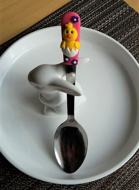 Lžička s kuřetem zvíře puntík retro dětské dětská fimo lžíce tečka dezertní lžička polka dots 