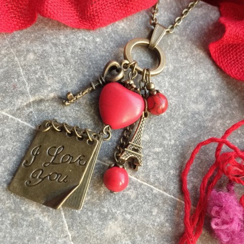 Náhrdelník Klíč k srdci červená srdce srdíčko klíč vintage romantický dopis starobylý 
