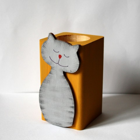 Ručně malovaný tužkovník s kočkou kočka kočička stojánek tužkovník na příbory na pastelky na tužky pastelkovník na štětce 