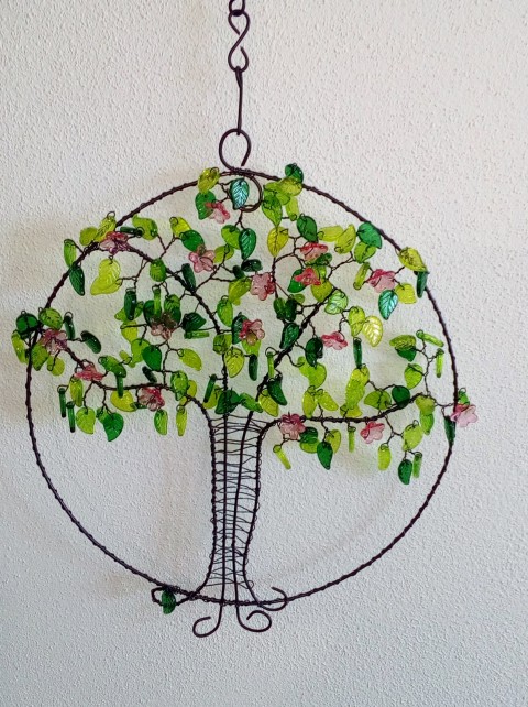 Jarní strom dekorace korálky zelená strom drát růžová lístek jarní černá jaro černý drátek kvítek zavěšení žíhaný 