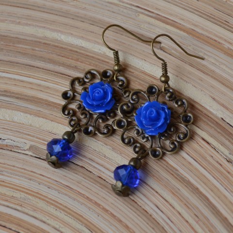 náušnice - modrá růže modrý dekorace náušnice modrá uši modré bronzová růžička bronzové korálka 