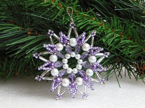Vánoční hvězda - VAN72 dekorace originální korálky vánoce sklo fialová bílá vánoční hvězda ozdoba stříbrná třpytivá rokajl čirá vločka tvarovky 