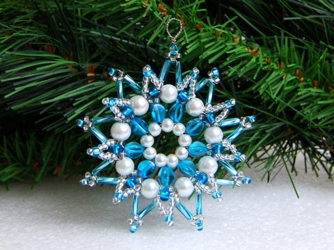 Vánoční hvězda - VAN77 dekorace originální korálky modrá vánoce sklo bílá vánoční hvězda ozdoba stříbrná třpytivá rokajl čirá vločka tvarovky 