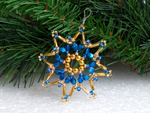 Vánoční hvězda - VAN92 dekorace originální korálky modrá vánoce sklo zlatá vánoční hvězda ozdoba třpytivá rokajl vločka tvarovky 
