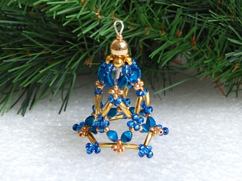 Zvoneček 3D - VAN108 dekorace originální korálky modrá vánoce sklo zlatá vánoční zvoneček zvonek ozdoba nerez rokajl jemný třpytivý 