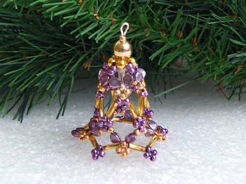 Zvoneček 3D - VAN109 dekorace originální korálky vánoce sklo zlatá fialová vánoční zvoneček zvonek ozdoba nerez rokajl jemný třpytivý 