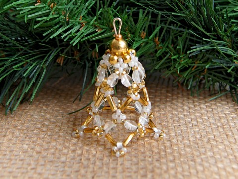 Zvoneček 3D - VAN111 dekorace originální korálky vánoce sklo zlatá bílá vánoční zvoneček zvonek ozdoba nerez rokajl čirá jemný třpytivý 