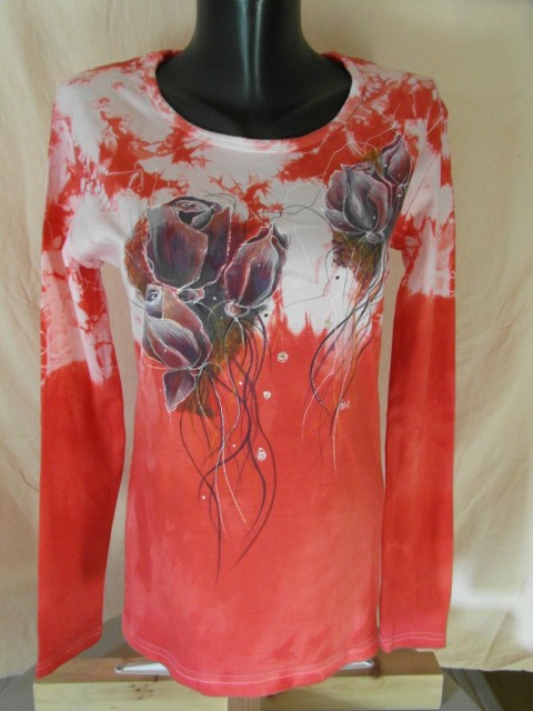 Dámské triko červené XL-zakázka červené květiny růže puget triko s dlouhým rukávem 