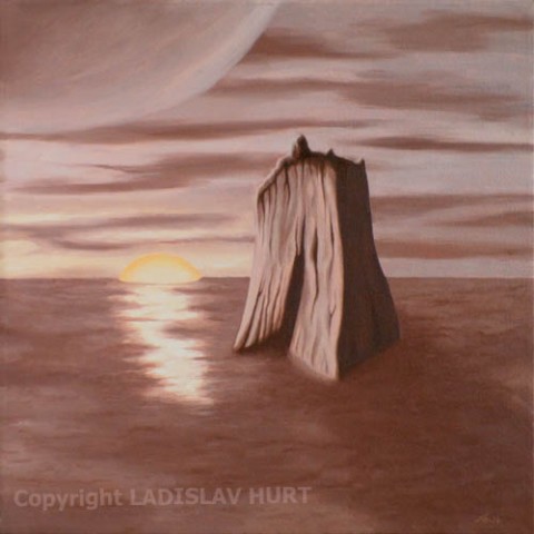Svítání na planetě Ruma (2) moře obraz olejomalba západ slunce útes 