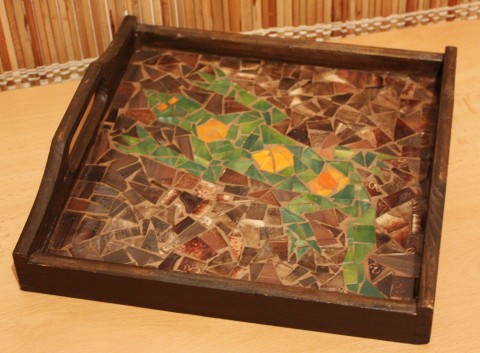 Ještěrka na jaře mozaika sklo tácek 
