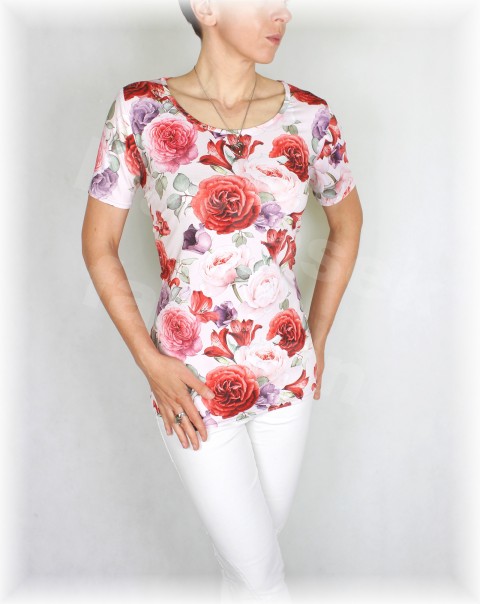 Triko luxusní úplet vz.401 červená zelená růžová letní květy bílá triko růže vzor dovolená 