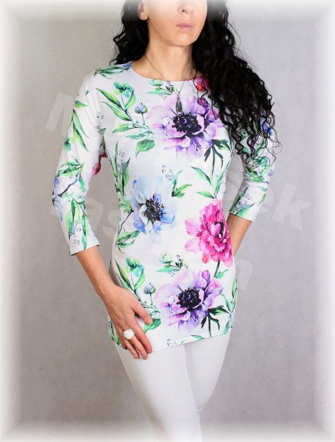 Triko vz.759 i kr.rukáv zelená modrá halenka růžová květy bílá triko úpletové dámské vzor 
