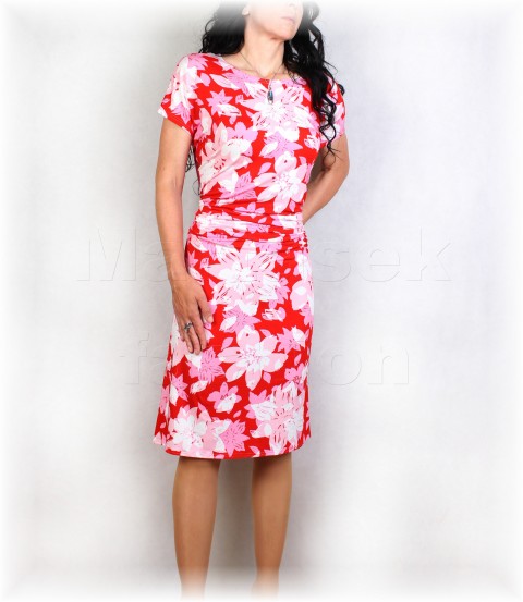 Šaty s řasením v pase vz.799 červená barevné růžová jarní letní květy bílá šaty svatba léto vzor oslava 