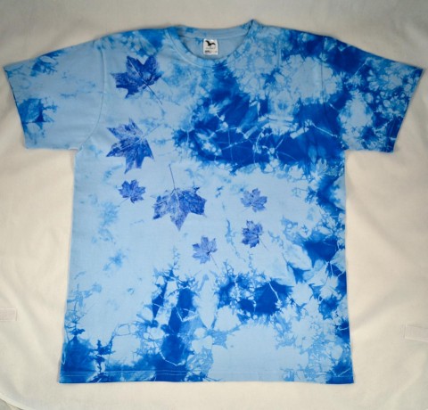 Modré batikované triko s listy XL modrá podzim list listy bílá triko javor tričko podzimní obtisk 