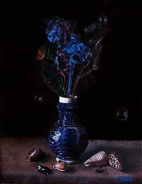 Váza s dymom malba olej motyl vaza dym musla platno 
