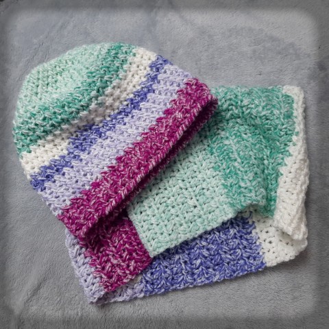 Nákrčník + čepice - set no.5 zima pletení akryl šátek šál pestrobarevný módní doplněk pro zahřátí 