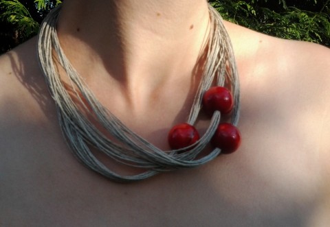 Náhrdelník + 3 korálky náhrdelník červené elegantní přírodní len korále eko jednoduchý handmade ruční práce lněný 