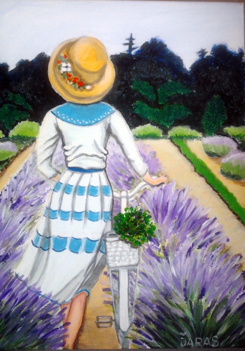 Dívka v levandulovém poli. obraz levandule dívka kolo svítání 