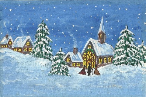 Zasněžená vesnička sníh vánoce kostelíček zasněžené 