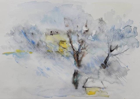 Sněží, sign. reprodukce akvarelu A5 zima sníh sněží krása klid domov 